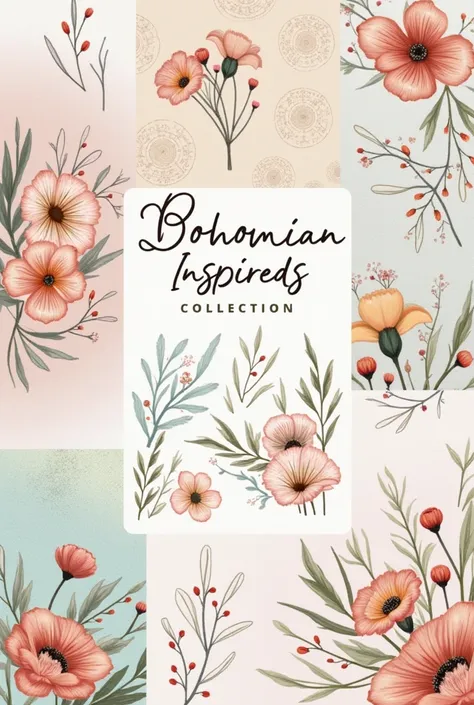 

2. **Boho Chic Package**:
   - "Design a pack of 7 bohemian prints, with flower patterns, mandalas and natural elements in pastel colors."

