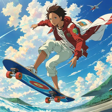 Psalms of Planets Eureka seven, Renton Thurston, arafed image of a boy on a surfboard in the air, anime boy flying through the air on a skateboard with a bright blue sky behind him, high quality anime movie still, in the anime film, flying anime esper, rid...