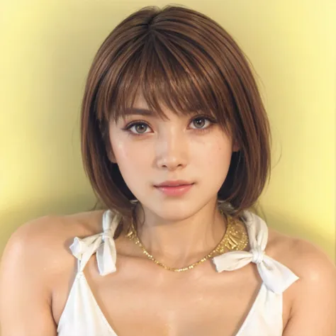 kasumi, eyes browns, (best qualityer, ultra detail), (realisitic:1.37), beautiful and detailed face, ultra-realisitic texture, Exquisite face, Delicate body, red lipgloss stick, shiny colors. High definition, 8k, expression a slight cute smile