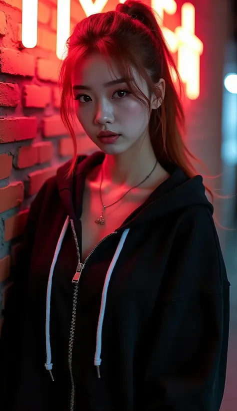 - The background is brick with neon sign.
 - Her hair is a red long ponytail hairstyle.
 - She is wearing a black hoodie with a zipper.
 - The hoodie has white strings attached to it.
 - The model wears natural light makeup.
- The model is a beautiful kore...