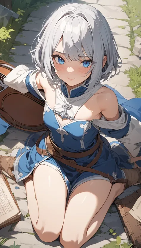 masterpiece, Best Quality, High resolution, Super detailed, Anime Style,  Fantasy, Medieval roads , One Girl, solo, Cowboy Shot,  Cute face, Small breasts, Silver medium hair, Bobcut, break, Blue Eyes, break, Bard,  Shooting from above, wariza, 