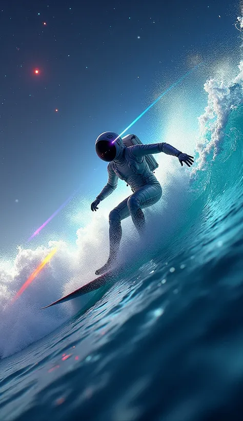 Under the starry sky、The ocean waves blend into the night sky、A surfer gliding through space。Guided by a single shooting star、The waves mimic the galactic vortex、Surfboard marks form constellations。The surfer is wearing a space suit、The helmet visor reflec...