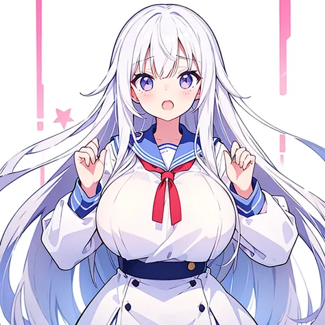 (Pure white background)、Sailor suit、Large Breasts、Mouth open、tachi-e、Standing still、Hands behind back、Long white hair