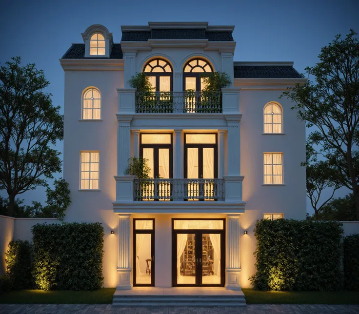 [neoclassic house at night, modern design, calm and inviting mood], black xingfa door and main door, architectural visualization...