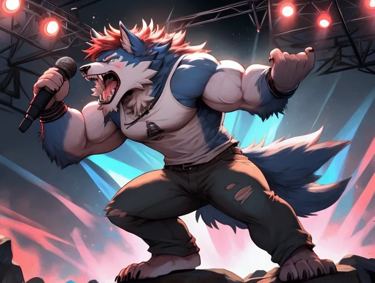 Adult Werewolf, Short red hair, midnight blue toned fur, Fierce expression, Muscular build, Fierce eyes, Scarred body, Wild, untamed appearance, Aggressive stance or posture, Long snout and powerful jaws, Broad shoulders and strong limbs, A lead singer pas...