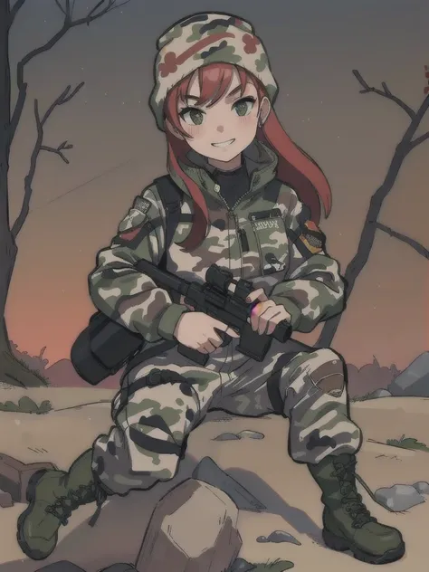 girl with smile and red hair, with a camouflage jacket, camouflage balaclava, camouflage pants and army boots.