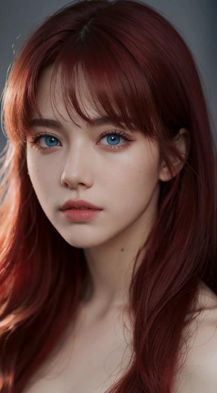 Best quality, masterpiece, ultra high res, (photorealistic:1.5), raw photo, 1 mature girl, offshoulder, in the dark, deep shadow, low key, cold light, sexy look, long red wavy hair with bangs (((red hair))), blue eyes