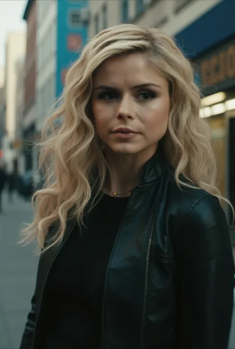 st4rl1ght, blond hair, wearing a leather jacket, on a city downtown, (ultra realistic, 8k,high quality)