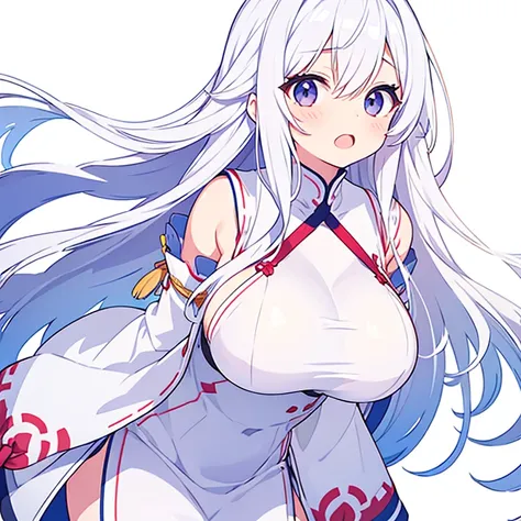 (pure white background)、knit、large breasts、mouth open、tachi-e、standing still、hands behind back、long white hair