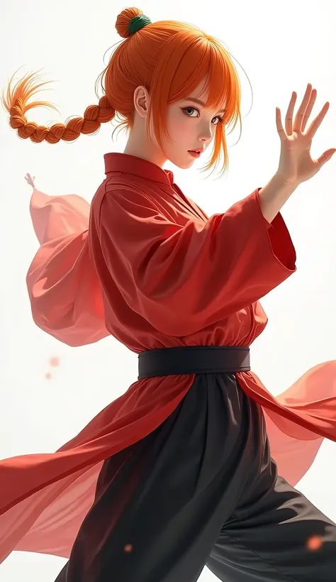 live-action、Real、Beautiful Japanese high school girl with short orange hair、The back hair is in one braid、Red Chinese clothing、Black trousers、Shoryuken pose、Dynamic pose、Dynamic composition、White background
