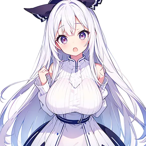 (Pure white background)、knit、Large Breasts、Mouth open、tachi-e、Standing still、Hands behind back、Long white hair