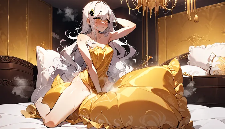 golden silk bed（a woman, flowing white hair, melancholy eyes, yellow pupils, black diamond-shaped hairpin, cute girl posing on g...