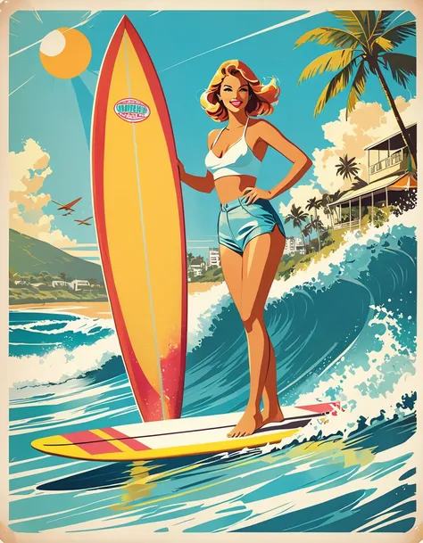 surf, retro illustration. standing on surfboards, she manipulates her board with skill. 60s poster, retro style art, retro poster, retro art style. summer, hand drawn illustration, poster art style, concept illustration, poster illustration, vibrant touris...