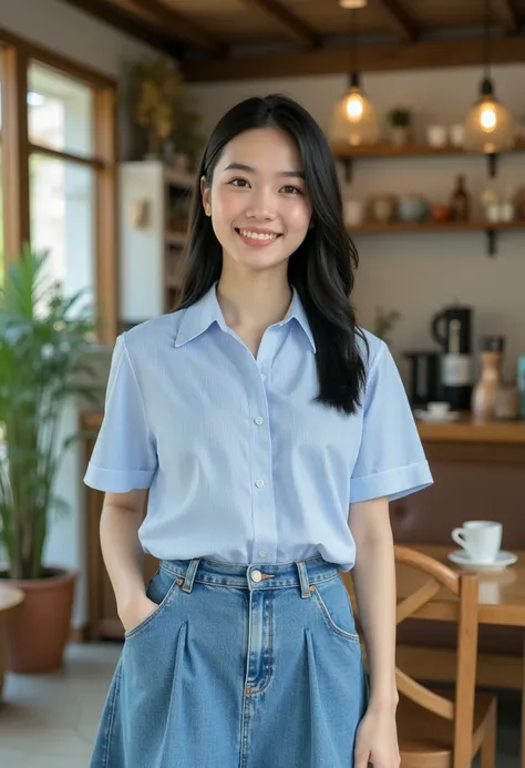 photograph, realistic, cowboy shot of an asian girl wearing a blue shirt and skirt standing inside a cafe, smiling