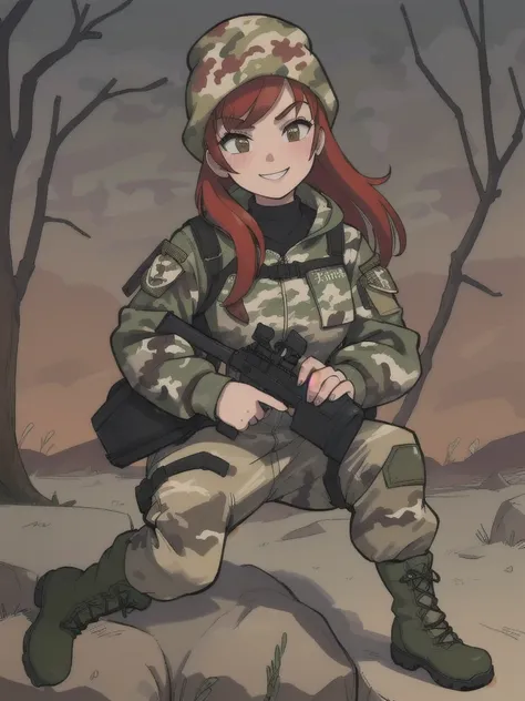 girl with smile and red hair, with a camouflage jacket, tactical glovers, camouflage balaclava, camouflage pants and army boots.