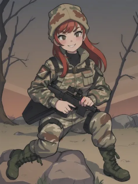 girl with smile and red hair, with a camouflage jacket, tactical glovers, camouflage balaclava, camouflage pants and army boots.