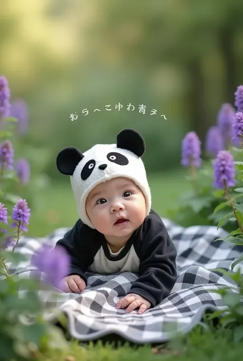 Photograph, baby in a panda-themed outfit, lying on a checkered blanket, surrounded by lush green foliage and purple flowers, soft natural light, serene and peaceful mood, text in Japanese, playful and playful elements, vibrant colors, natural setting.