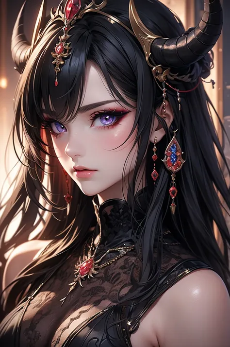 masterpiece,best quality,extremely detailed cg,ultra-detailed,beautiful detailed eyes,1girl,demon queen,sexy makeup,determined,