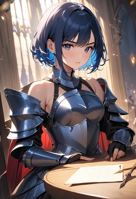 (masterpiece, best quality), girl knight at the round table,she wearing off shoulder knight armor,beautiful shoulder,medival atmosphea,lens flare, BREAK (16yo,(darkblue hair, wavy-short hair),bold eyebrows,middle small breasts),