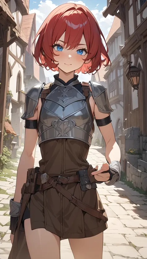 masterpiece, Best Quality, High resolution, Super detailed, Anime Style,  Fantasy, Medieval roads , One Girl, solo, Cowboy Shot,  Cute face, Flat Chest, red hair pixie cut, break, Blue Eyes, break, Ranger,  Shooting from the front,  