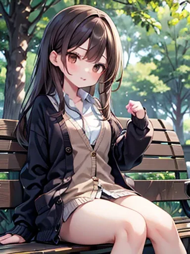 (Tabletop), (Please redeem), (Super detailed), 1 girl, Sexy pose, , ((Open Casual Cardigan:1.2)), happy, Looking at the audience, Big Hair, Brown Hair, wood々In the park,bench, shy ,Sitting on the ground, ((Alone)) ,anxiety, , mischief,From below,Because I&...