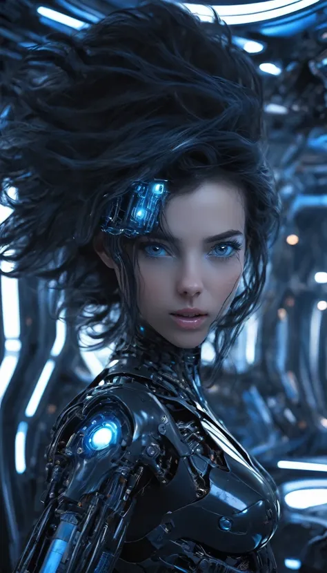 woman, Mechanical Blue Body ，Best Quality, masterpieceUltra HD, 8k,Futuristic spaceship interior，サイバーブルースーツを着たwoman，Black Hair，青 eyes，Shortcuts, Best Quality, High resolution, Ultra HD, blue eyes, 