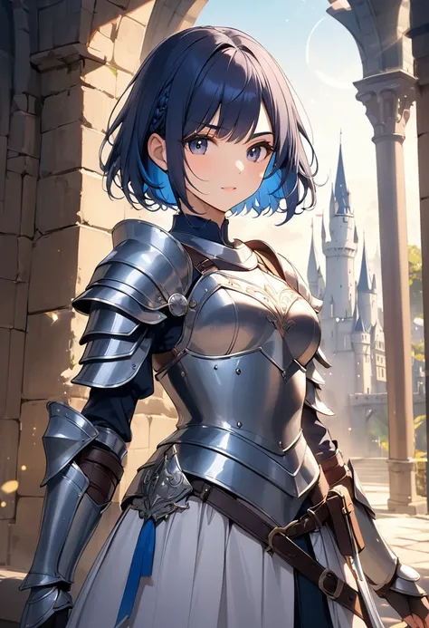 (masterpiece, best quality), girl knight at the magnificent castle ,she wearing off shoulder knight armor,beautiful shoulder,medival atmosphea,lens flare, BREAK (16yo,(darkblue hair, wavy-short hair),bold eyebrows,middle small breasts),