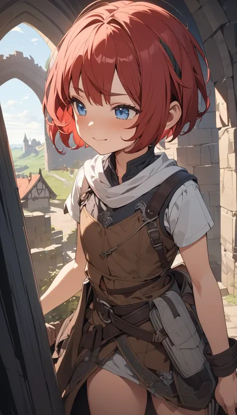 masterpiece, Best Quality, High resolution, Super detailed, Anime Style,  Fantasy, Medieval roads , One Girl, solo, Cowboy Shot,  Cute face, Flat Chest, red hair pixie cut, break, Blue Eyes, break, Ranger,  Shooting from the front,  