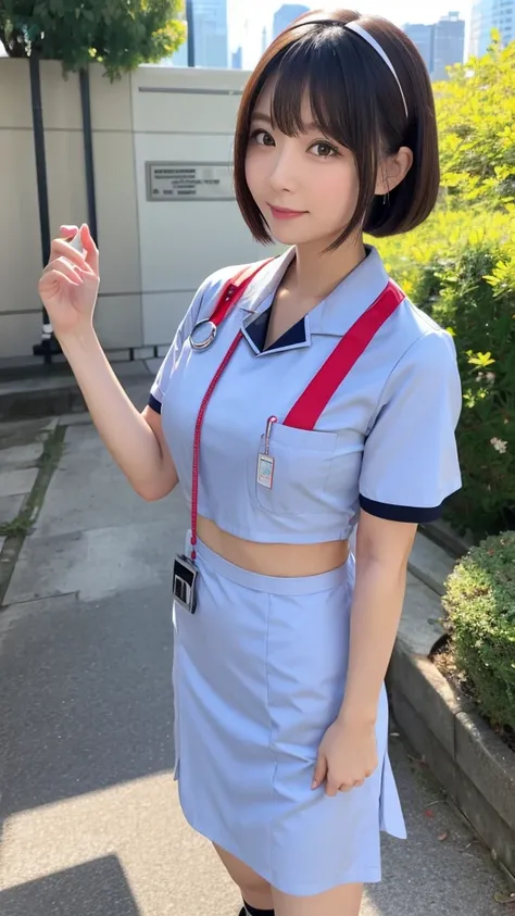 A  wearing a rubber nurse uniform。