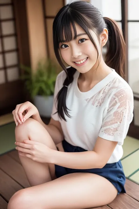 (Please redeem, masterpiece), (Beautiful Japanese Girl), (Freckles:0.6), ponytail, smile, Publicity photo