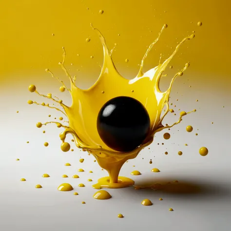 blurred image of yellow liquid splashing with a black ball, , Design Arte, inspired by Dionisio Baixeras Verdaguer, Creative Design, 3D static projects, 3D render, Motion graph, made with illustrator, designer furniture, render corona, design de capa, art ...