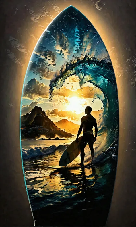 silhouette art,(double exposure:1.6),(surfboard silhouette: the surfing action is reflected on the surfboard:big ocean wave and ...