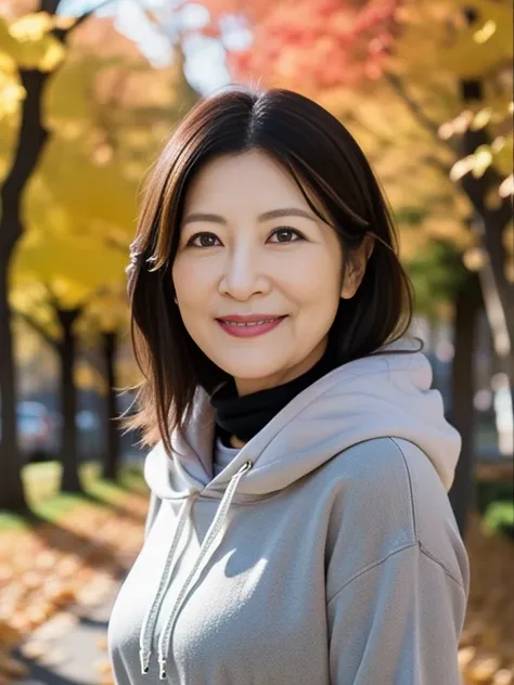 Japanese Wife、Beautiful mature woman、The outfit is a grey turtleneck shirt、White hoodie、jeans、high quality、Hyper-realistic、healthy、smile、Slim and perfect body、Japanese Beauty、Beautiful Eyes、Perfect Face、Beautiful Skin、trip、Autumn leaves in the background
