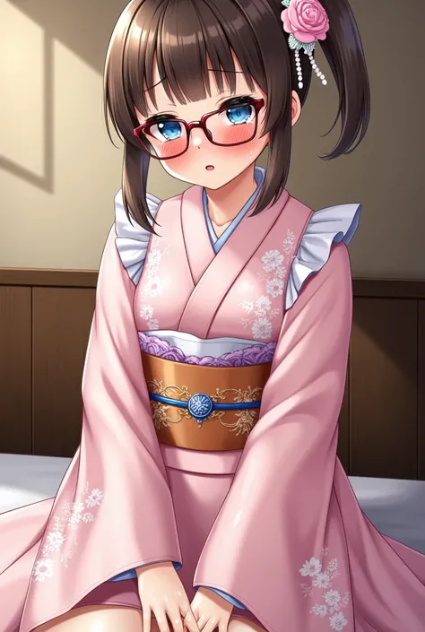 Japanese girl，Glasses， (Wearing pink kimono)UHD, masterpiece, high details, high quality, best quality, highres