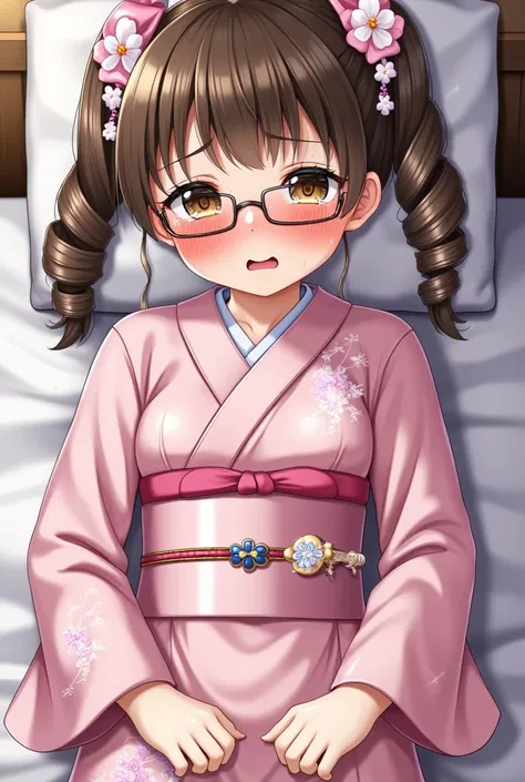 Japanese girl，Glasses， (Wearing pink kimono)UHD, masterpiece, high details, high quality, best quality, highres