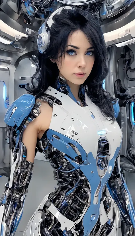 woman, mechanical blue body ，best quality, masterpieceultra hd, 8k,futuristic spaceship interior，サイバーブルースーツを着たwoman，black hair，青...