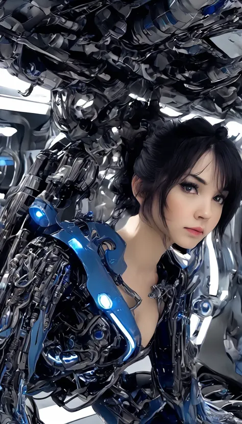 woman, mechanical blue body ，best quality, masterpieceultra hd, 8k,futuristic spaceship interior，サイバーブルースーツを着たwoman，black hair，青...