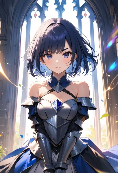 (masterpiece, best quality), girl knight at the magnificent castle ,she wearing (off-shoulder knight armor),beautiful shoulder,medival atmosphea,lens flare, BREAK (16yo,(darkblue hair, wavy-short hair),bold eyebrows,middle small breasts),girl pose,