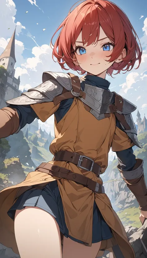 masterpiece, Best Quality, High resolution, Super detailed, Anime Style,  Fantasy, Medieval roads , One Girl, solo, Cowboy Shot,  Cute face, Flat Chest, tall, Slender, red hair pixie cut, break, Blue Eyes, break, Ranger,  Shooting from the front,  