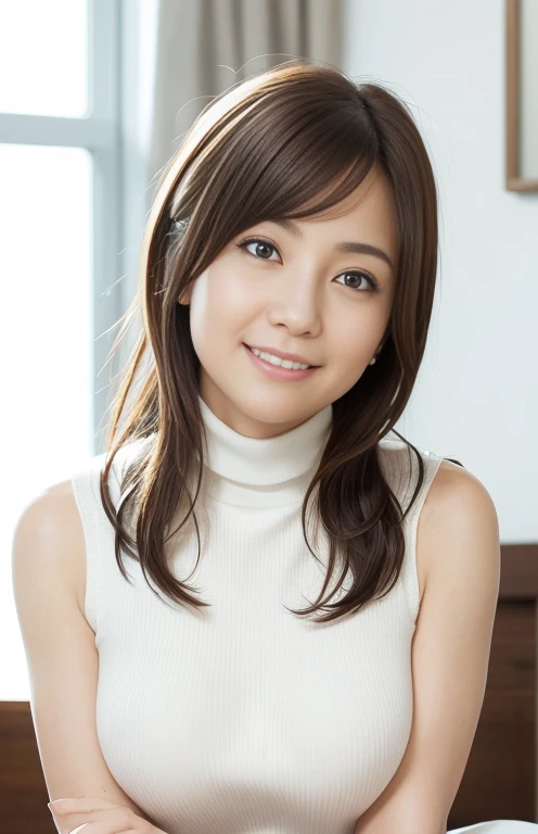 (realistic, highest quality, High resolution, , perfect pixel, 4k,), 1 girl, single, alone, Beautiful woman、whole body、28 years old, (glowing eyes:1.4), ((detailed face,)), ( light smile:0.9), large breast, perfect body, (sleeveless turtleneck sweater、cute...