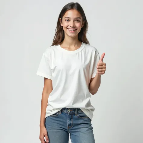 real image, white skinned american girl, wearing a white short-sleeved polo shirt, with round neck ov cotton fabric, blue jean pants, polo shirt over trousers, looking ahead, Smiling, both hands giving like, black background.