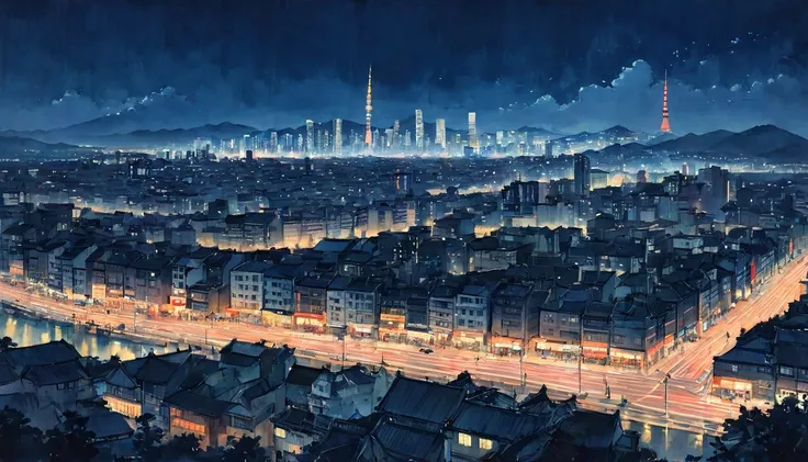 Katsushika Hokusai、vague、Mont、Ink and watercolor、Calm colors、calligraphy、Ink Painting　Ink Painting　Painted with a brush　Characters written with a brush　Metropolis，Cyberpunk、Future、mechanical、Night City、Neon Town、Passersby、Cars passing by、Skyscrapers、meteor...