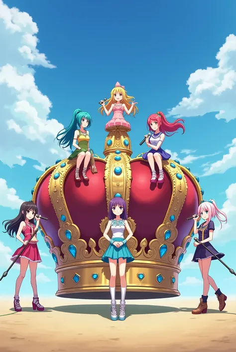 6 girls with mic and surrounding the big crown.  2 girls are standing beside the crown and 4 girls are sitting on the crown named aquamarine 