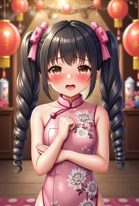 Eyes are very fragile，Double ponytail cheongsam，Chinese New Year Decorations（（Smile artwork）））， （（Best quality））， （（Intricate details））， （（Surrealism））（8K）