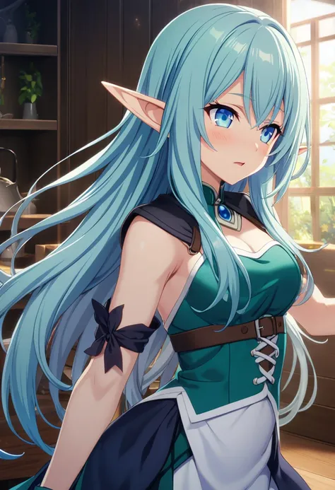 1 elf girl, navy hair, long hair, blue eyes, elf girl, elf clothes, CG