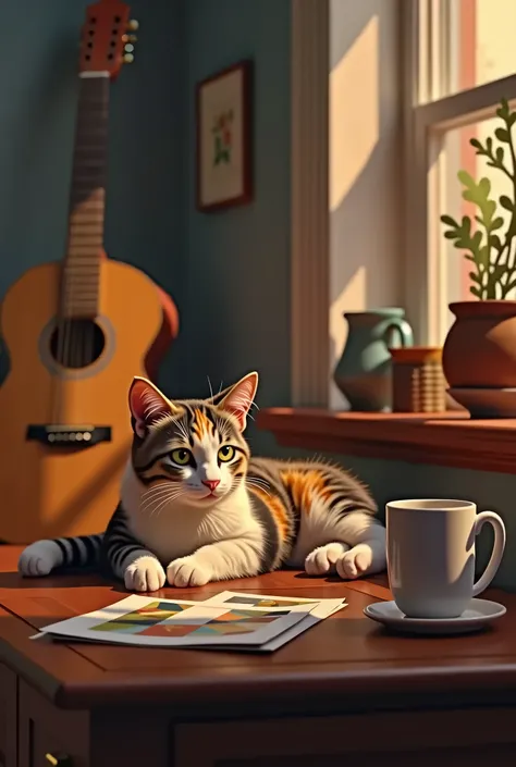 Cat, coffee and guitar