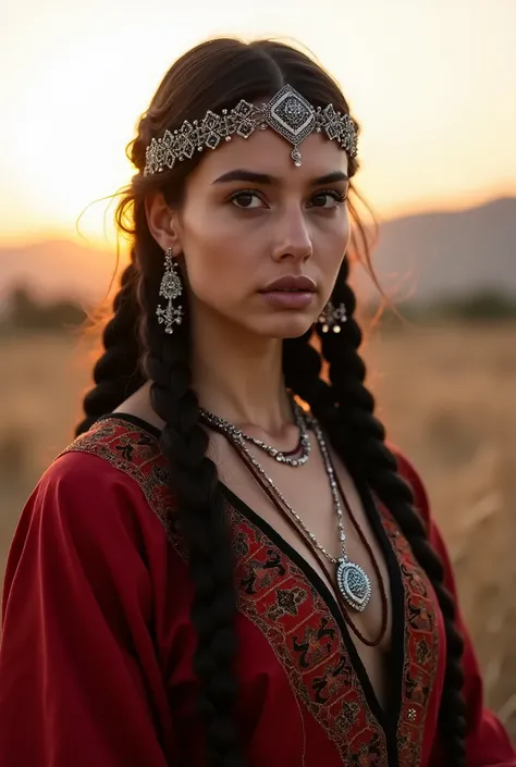 "A portrait of a woman with long, dark braided hair, wearing a traditional red garment with intricate patterns and decorative jewelry. She is standing in an outdoor setting during sunset, with soft golden light illuminating her face. The womans expression ...