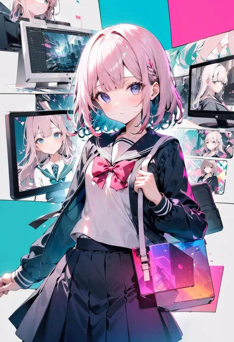 (masterpiece, best quality),(double exposure tv-screen:1.2),subtle color,((strange head girl,monitor head)),wearing school uniform,splash color, collage art, contemporary artistic collage,