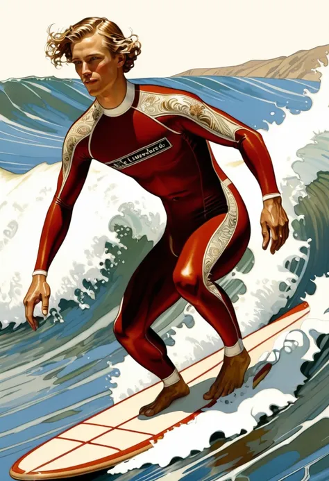 Professional surf suit Surfer on surfboard, high waves, by J.C. Leyendecker.
best quality, masterpiece, intricate details, ultra-detailed