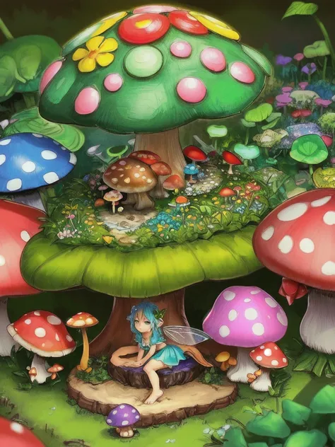 a tiny fairy resting on a mushroom in a vibrant garden, surrounded by colorful flowers and twinkling lights, while little ladybu...